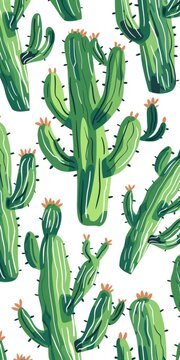 Cute Green Cactus Design Pattern Digital Paper l Fresh Soft Color Cacti White Background Wallpaper l Watercolor Saguaro Juicy Plant in Desert Decoration 