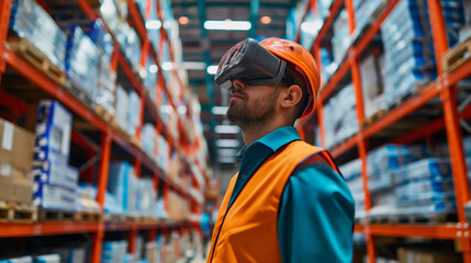 Poster -  worker in modern warehouse using artificial intelligence and virtual reality based technology for management