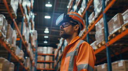 Poster -  worker in modern warehouse using artificial intelligence and virtual reality based technology for management