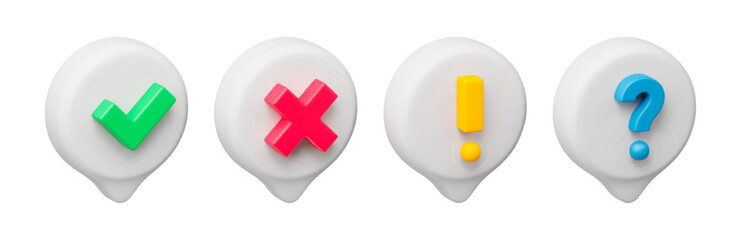 Fototapete - Acceptance, rejection, attention and question symbols in white speech bubbles 3d realistic. Right, wrong and exclamation check marks three-dimensional rendering vector illustration