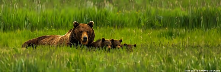 Wall Mural - Brown bear in the grass