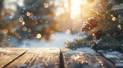 wallpaper snow scenery on a wooden table against a blurred background, adorned with delicate decorations