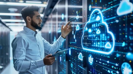 a cloud computing architect presenting a scalable solution on a virtual whiteboard, with a cloud ser