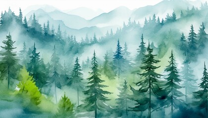 Wall Mural - Watercolor landscape. Coniferous forest and morning fog