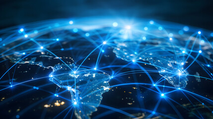 Poster - World map on dark background representing international communication.