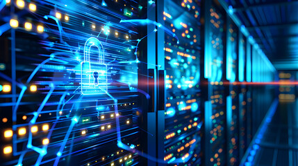 Poster - Cyber security concept with padlock on server room background