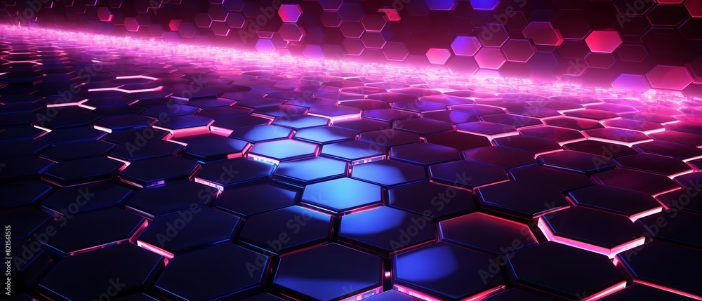Futuristic neon hexagonal grid with glowing lights and digital ...