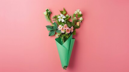 Wall Mural - paper cut out of a bouquet with green paper wrapped around it on a pink background, flowers in the shape of 
