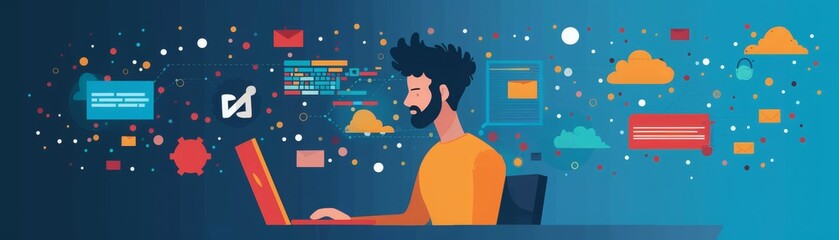Modern digital illustration of a programmer working at a laptop, surrounded by code and technology elements in a vibrant, creative setting.