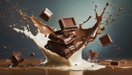 chocolate thrown in the air; splashing milk