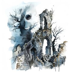 Wall Mural - Watercolor painting of a mysterious banshee haunting the ruins of an ancient castle, with a mournful wail echoing through the night, on isolated, Generative AI