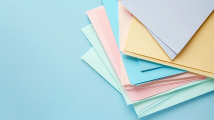 Wall Mural - Photo of a stack of colorful pastel papers on a light blue background, with shadow and copy space for text. The style is flat lay.