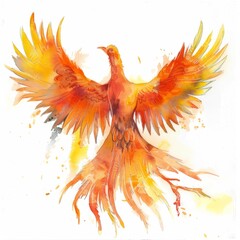 Wall Mural - Watercolor painting of a mystical phoenix rising from the ashes, with wings spread wide in flight, on isolated white background, Generative AI 