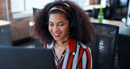 Sticker - Happy woman, consultant and call center with headphones in customer service, telemarketing or tech support at office. Female person, employee or agent with smile on computer for online advice or help