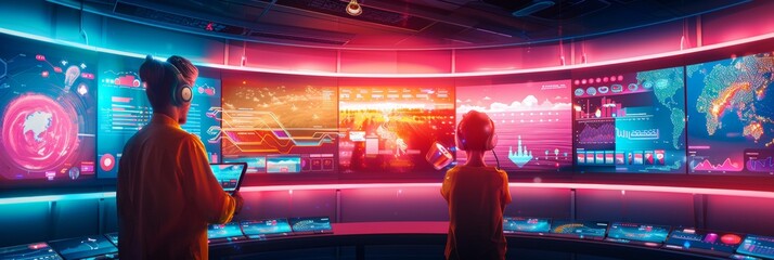 Poster - Diverse Team of Engineers Analyzing Big Data in High-Tech Control Room for Business Innovation