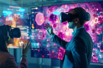 Poster - Innovative Business Meeting with VR Technology: Diverse Team Engaging in High-Tech Strategy Visualization