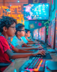 Leinwandbilder - Vibrant Coding Class on International Informatics Day: Enthusiastic Young Students Using Modern Tech to Code in a Colorful Classroom