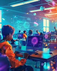 Aufkleber - International Informatics Day Celebrated in Vibrant Classroom with Diverse Students Learning Coding, Dynamic Teaching Atmosphere