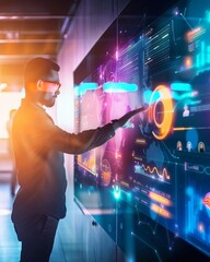 Poster - Young Professional Man Interacts with High-Tech Dashboards in Modern Digital Office Environment, Emphasizing Innovation