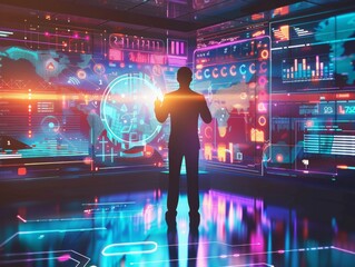 Poster - Confident Male IT Professional Monitoring Cybersecurity Dashboard at Night in High-Tech Office