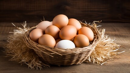 Wall Mural - Freshly gathered eggs in a straw-lined basket, rustic setting, copy space,