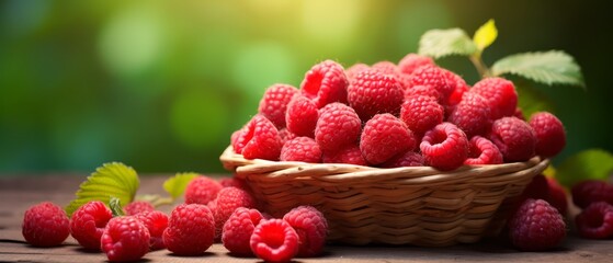 Wall Mural - Freshly picked raspberries in a wicker basket, farm background, vibrant colors, copy space,