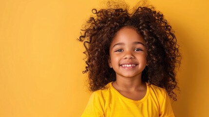 Portrait of cute smiling african american girl child in yellow tshirt, curly hair isolated on color background with copy space