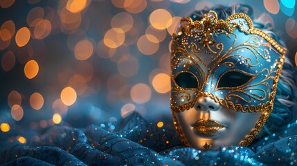 **: A collection of festive party masks and masquerade accessories, arranged on a table against a solid silver background, adding a touch of mystery and elegance to the New Year's celebration 1?