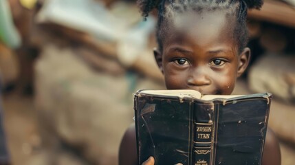 Wall Mural - african child holding the holy bible with reverence and faith closeup portrait