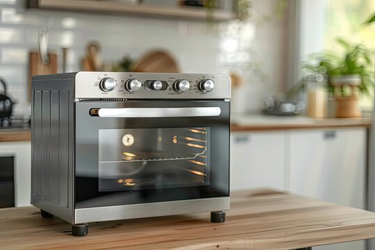 Compact electric oven set on a graceful wooden tabletop with subtle blur.