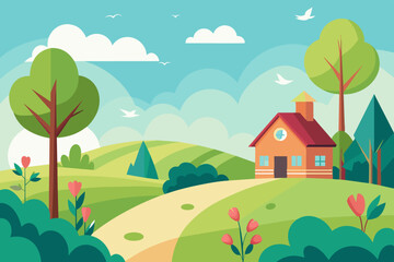 Vector illustration of spring countryside landscape with house, trees, and birds 