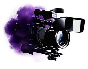 Professional digital camera in a purple dust cloud isolated on white. Visual explanation for concept of art in cinematography. Holi powder or Violet paint powder explosion with studio film camera