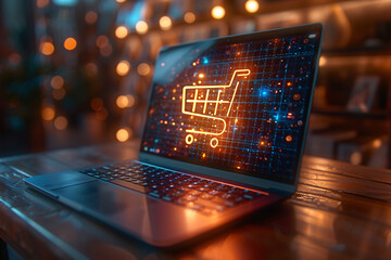 Wall Mural - Neon glow shopping cart on laptop, e-commerce and shopping online concept