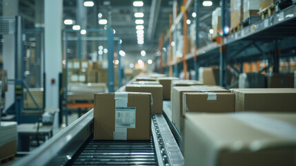 Parcel box on a conveyor belt in a warehouse, logistic and manufacturing concept