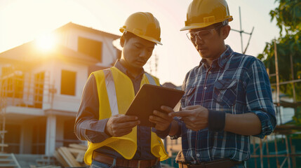 Foreman and engineer wearing hard hats and safety vests are looking at a tablet, discussing plans for construction project