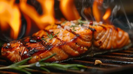 Wall Mural - mouthwatering grilled salmon steak with flames and charred grill marks closeup food photo