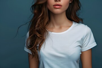 Wall Mural - Women's White Short Sleeve Round Neck T-Shirt Mockup It is a useful tool for clothing designers to help visualize T-shirts before actual production Save time and money and makes it easier to decide.