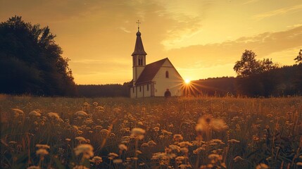 Wall Mural - old church in meadow at sunset rural landscape vintage style toned picture