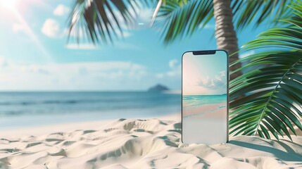 tropical beach mobile phone mockup white sand and copy space 3d rendering