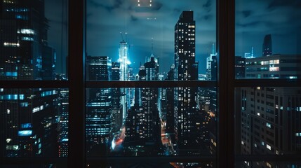 Wall Mural - low-angle shot out a window overlooking modern cityscape at night