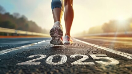 New year 2025 or start straight concept, word 2025 written on the asphalt road and athlete running preparing for new year at sunset, goals and plans for the next year