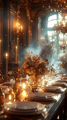 Wall Mural - A luxurious dinner table in a pleasant atmosphere. The beautiful scenery makes for a wonderful night. Images like this are often used to post on social media, write blogs or set as wallpaper.