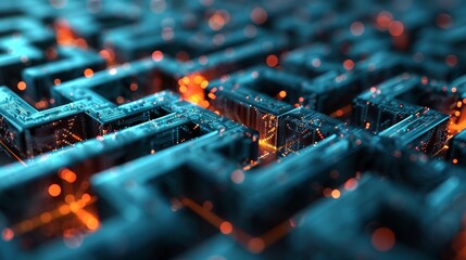 Poster - An abstract depiction of a nanoscale network, resembling a complex maze, representing the interconnected nature of nanomaterials in technology.