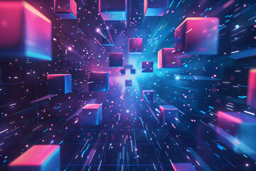 Poster - Neon blue and pink texture with a futuristic background for technology and innovation, featuring glowing cubes and lines, with copy space text, perfect for tech companies and digital art.
