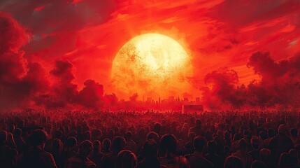 Wall Mural - An illustration of a sun rising behind a crowd, representing the dawn of a new era of freedom and democracy.