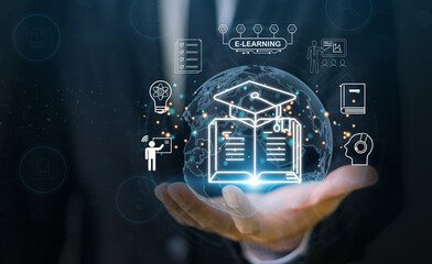 Wall Mural - human with technology internet learning and study online class webinar technology, e-learning, onlin