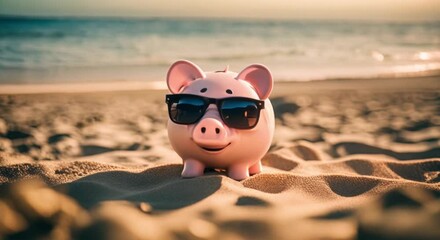 Wall Mural - piggy bank wearing sunglasses on the beach at sunset
