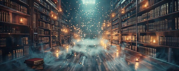 Poster - Endless Shelves of Enchanted Books in a Magical Library with Glowing Candles and Whispering Secrets