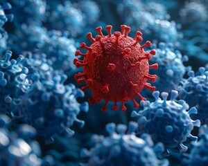 Poster - Detailed 3D Rendering of Red Virus Mutation Surrounded by Blue Viruses Exploring Viral Evolution and Pathogenesis