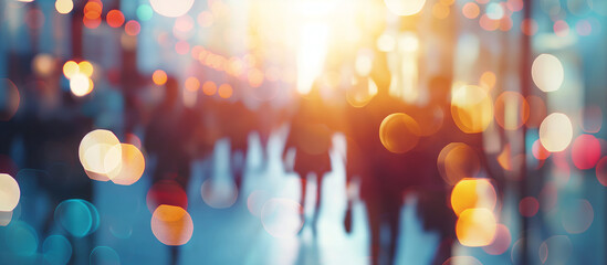 Busy atmosphere as a crowd of blurred business people walks through a modern building in the city.
